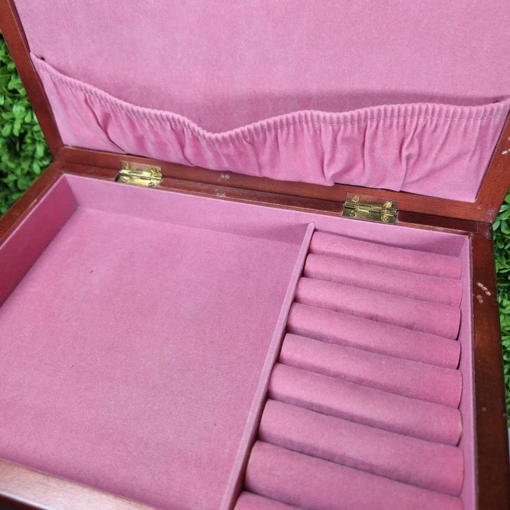 VTG Floral Tapestry Wooden Jewelry Box Cherry Finish Scalloped Ring Organizer